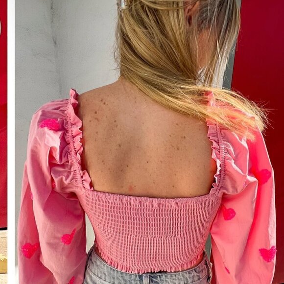 EUC - Main Strip Heartfelt Milkmaid Smocked Sequin Hearts Crop Top - Size: Large - Picture 4 of 10